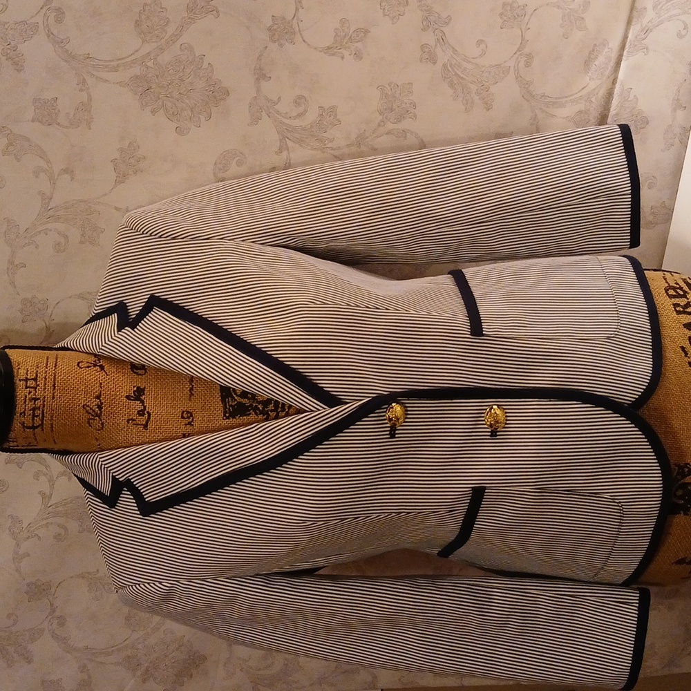 Jones New York Blazer  Signature Petite 4 Blue White Stripe Cotton Nautical